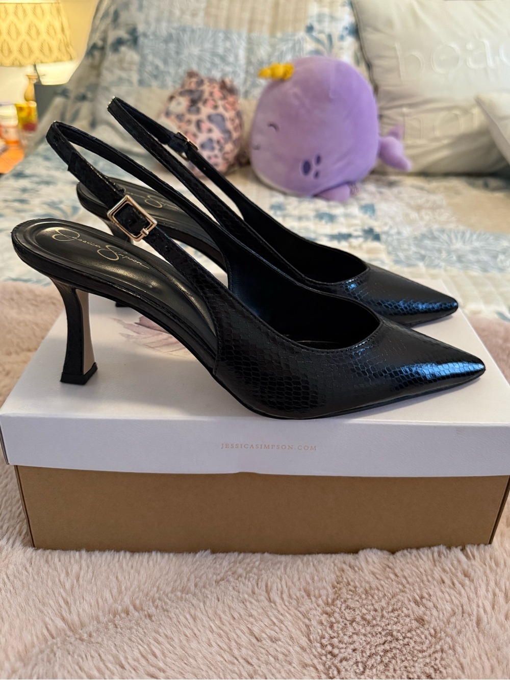Jessica Simpson Black Pointed-Toe Snakeskin Slingback Heels